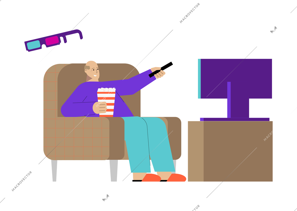 Leisure flat compsition with elderly man watching tv popcorn 3d glasses vector illustration