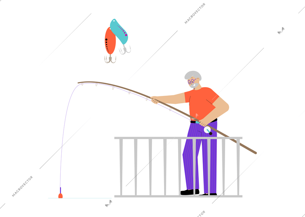 Hobby flat composition with senior man fishing with rod vector illustration