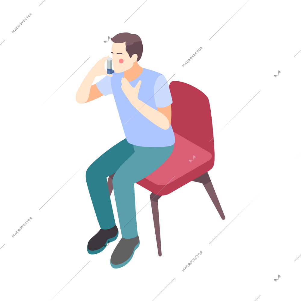 Allergy isometric icon with man using asthma inhaler vector illustration