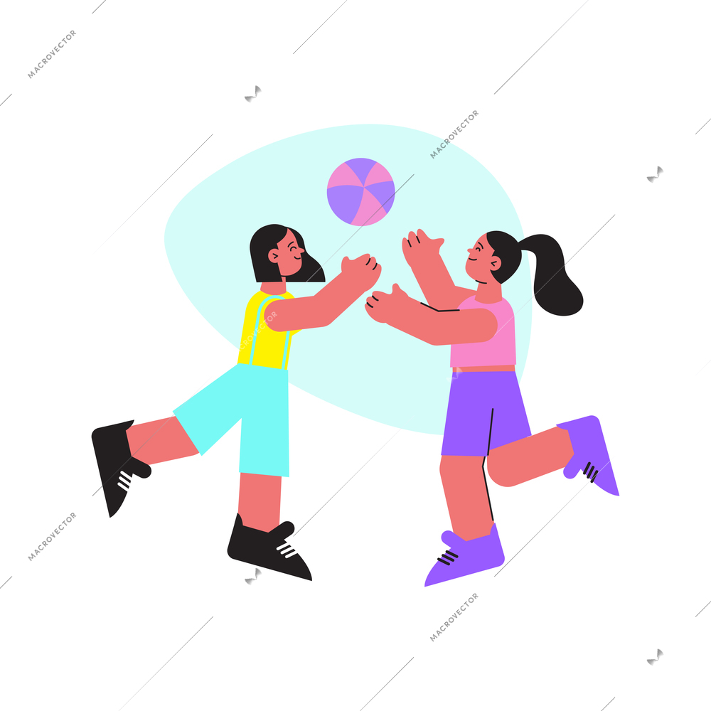 Two happy girls playing with ball flat vector illustration