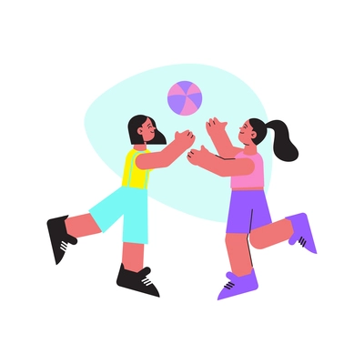 Two happy girls playing with ball flat vector illustration