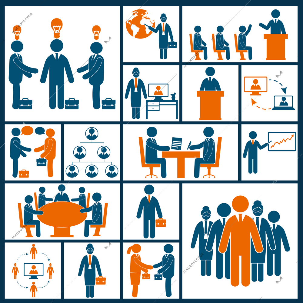 Business meeting brainstorming group discussion blue orange icons set isolated vector illustration