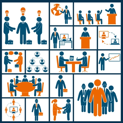 Business meeting brainstorming group discussion blue orange icons set isolated vector illustration