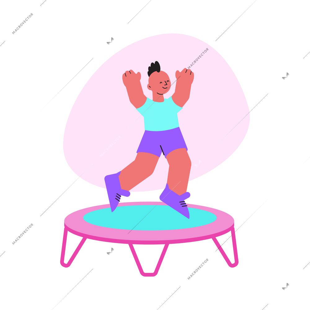 Cheerful boy jumping on trampoline flat vector illustration