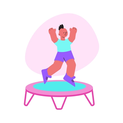 Cheerful boy jumping on trampoline flat vector illustration