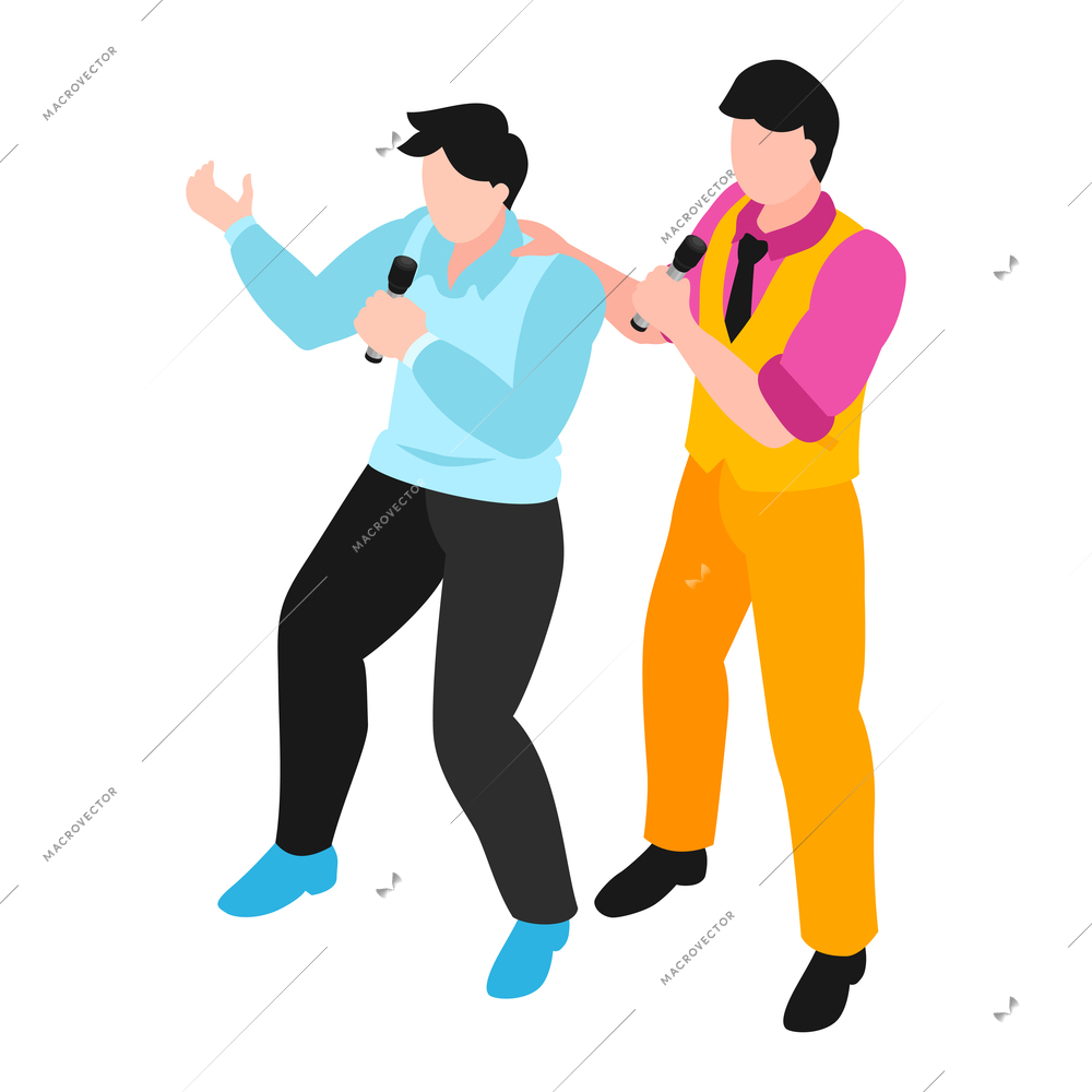 Two men with microphones singing in karaoke isometric vector illustration