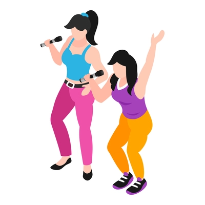 Isometric icon with two girls singing in karaoke 3d vector illustration