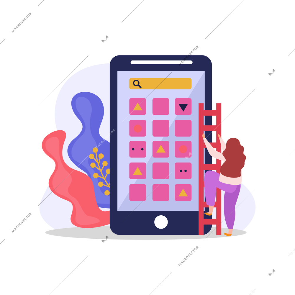 Flat composition with female character and application icons on smartphone screen vector illustration