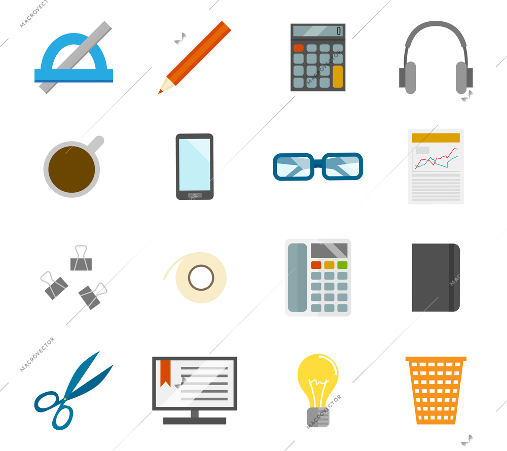 Business office desk icons set of computer coffee cup and stationery isolated vector illustration