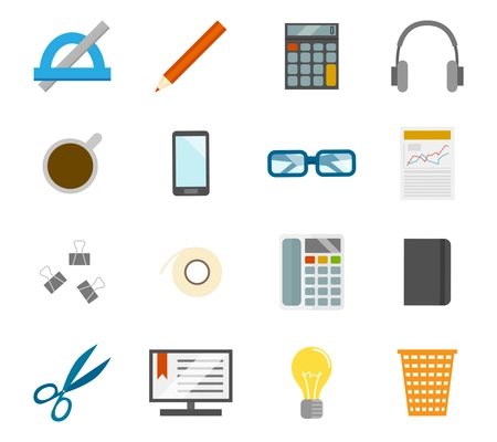 Business office desk icons set of computer coffee cup and stationery isolated vector illustration