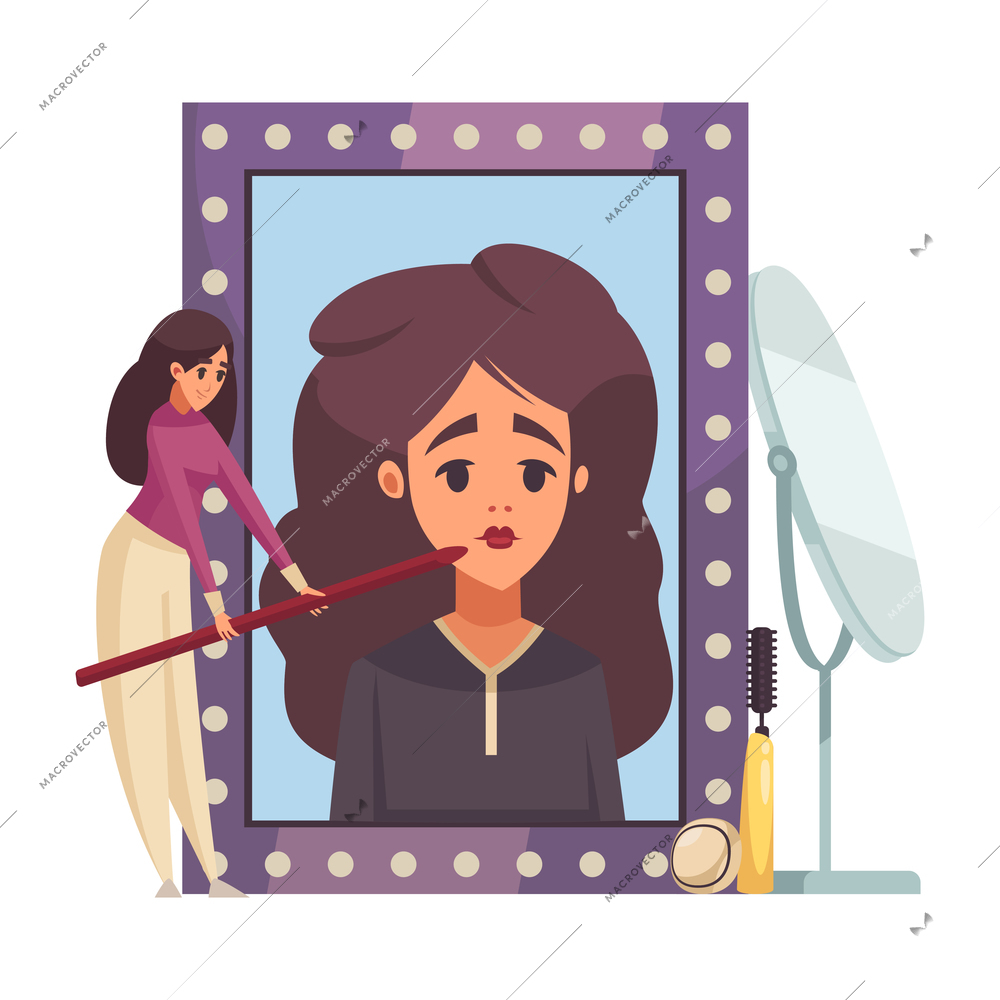 Flat composition with make up artist character and cosmetic products vector illustration