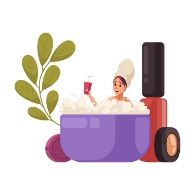 Spa flat composition with cosmetic products and happy woman relaxing in bath vector illustration