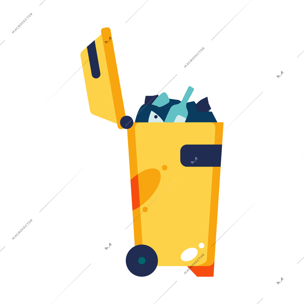 Outdoor yellow rubbish container full of trash flat vector illustration
