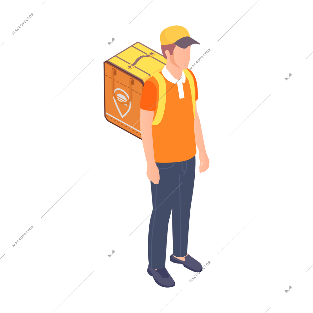 Isometric character of delivery man with yellow thermal bag vector illustration