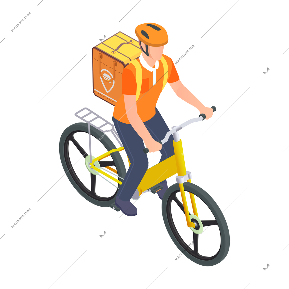 Male courier in helmet with yellow thermal bag riding bike isometric vector illustration