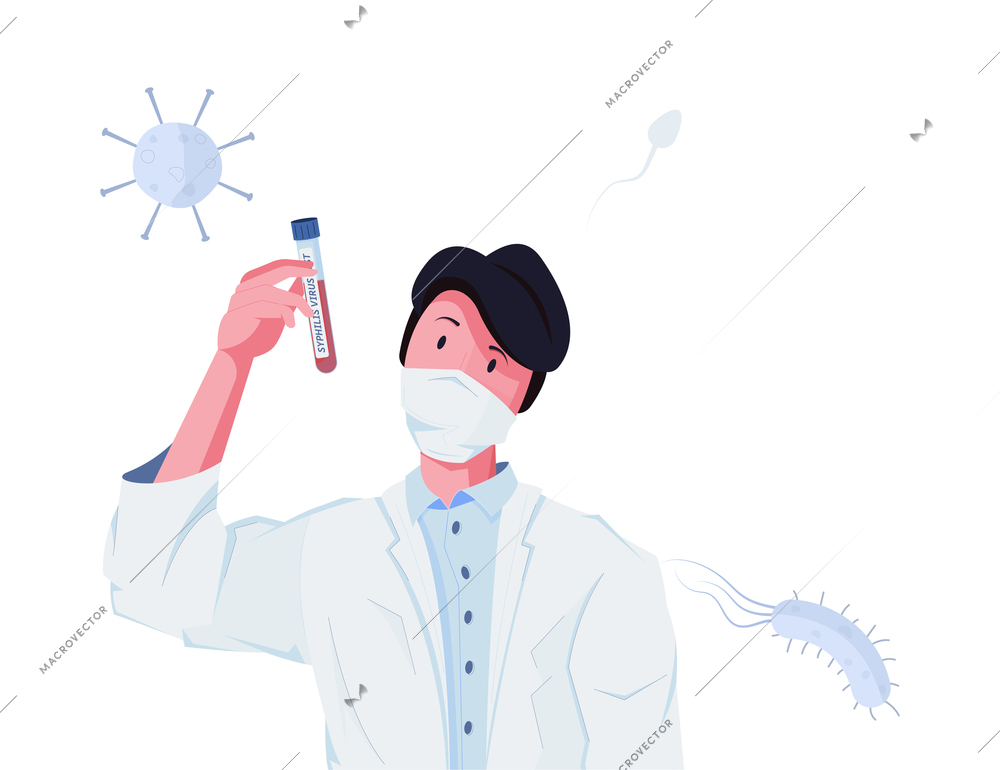 Researcher character holding tube with blood for syphilis test flat vector illustration