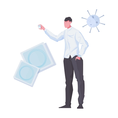 Safe sex flat composition with image of microbe and man holding condom isolated vector illustration