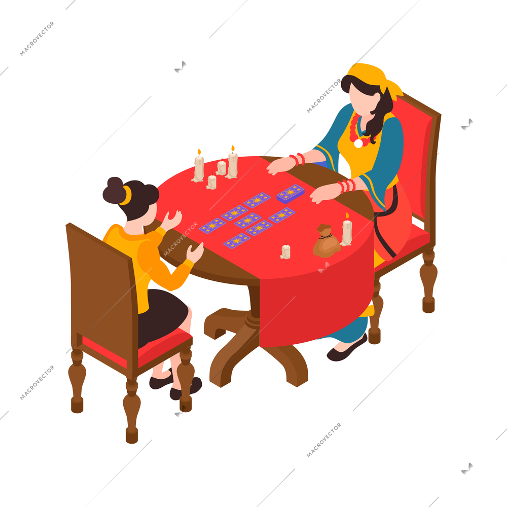 Isometric composition with gypsy telling fortune by tarot cards 3d vector illustration