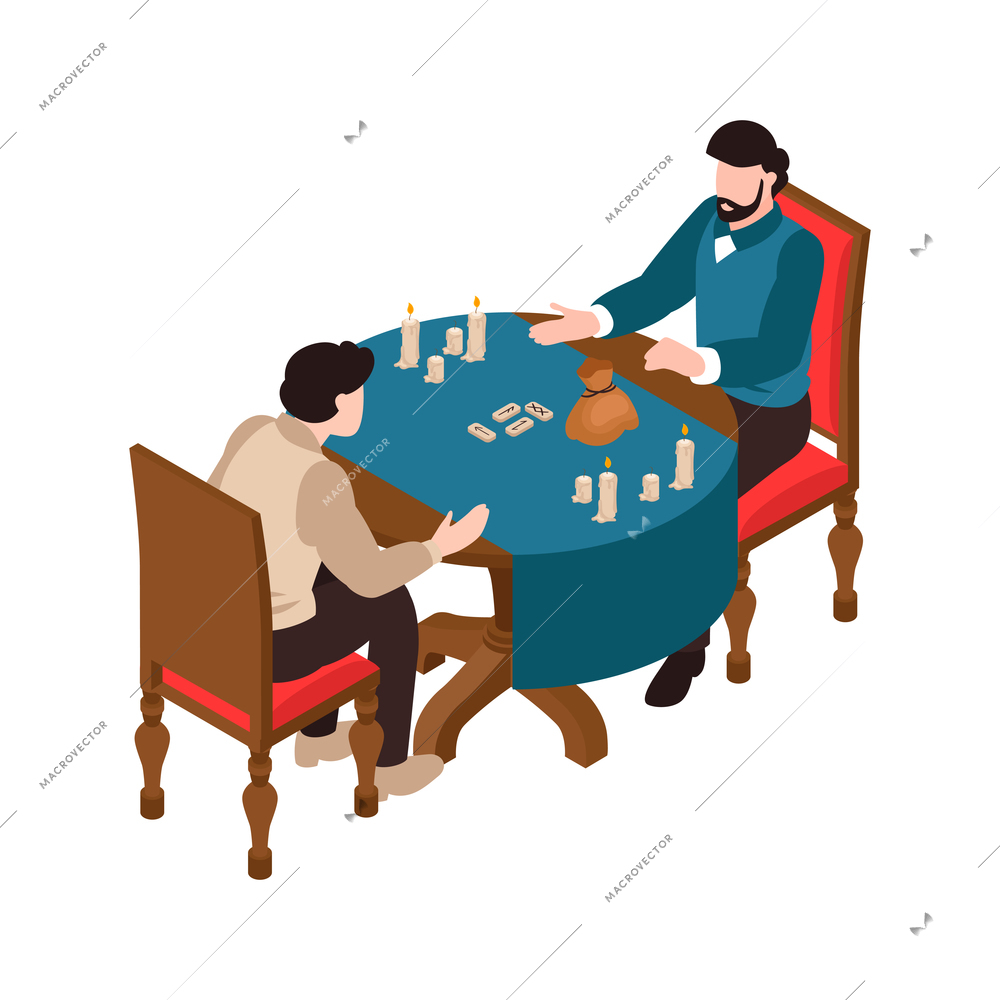 Man at occult session with wizard telling fortune by runes isometric vector illustration