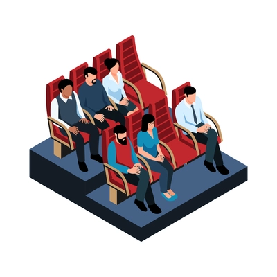 Cinema hall icon with isometric characters on their seats vector illustration