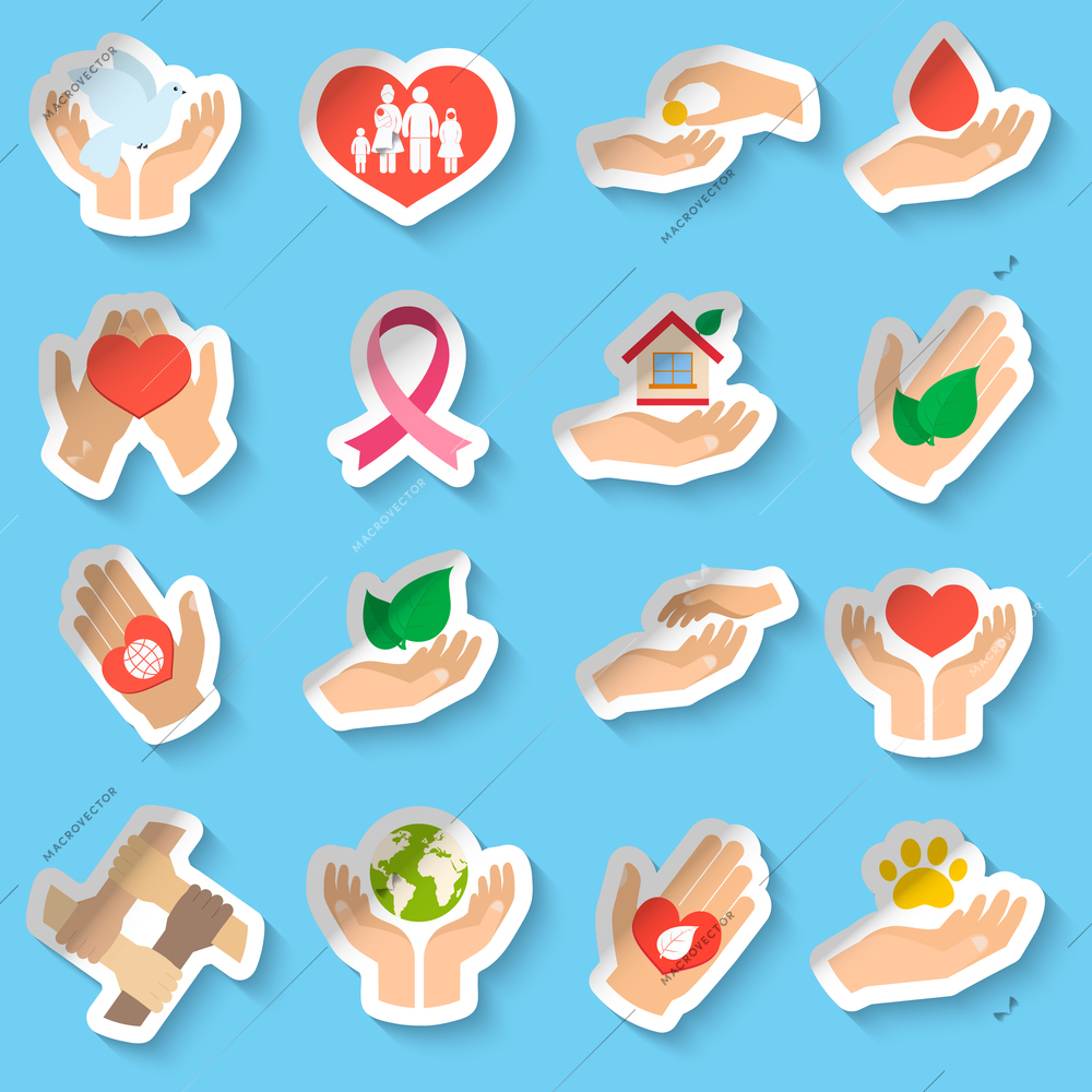 Charity donation social services emblems paper stickers set isolated vector illustration