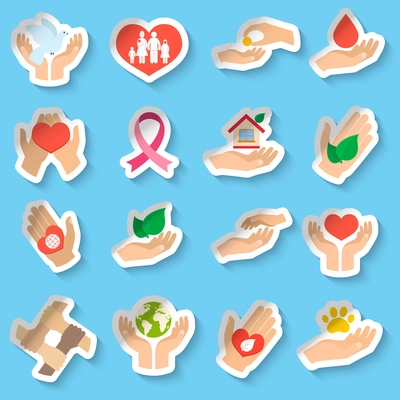 Charity donation social services emblems paper stickers set isolated vector illustration