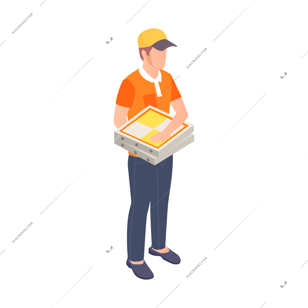 Delivery man with two pizza boxes wearing uniform isometric icon vector illustration