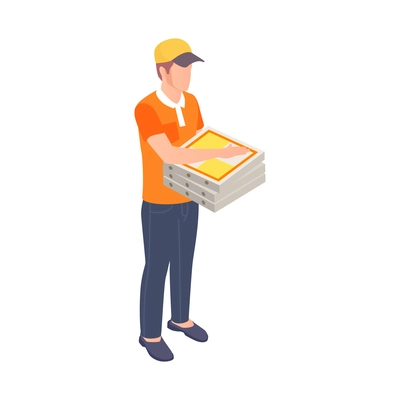 Delivery man holding pizza boxes on white background isometric vector illustration