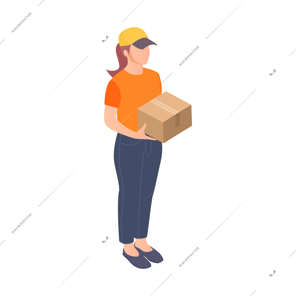 Isometric icon with delivery woman in uniform holding cardboard box 3d vector illustration