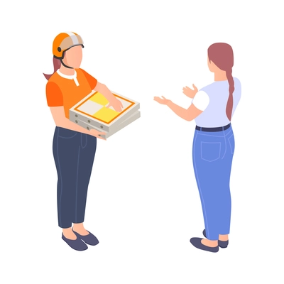 Isometric icon with female courier from pizza delivery service and client isolated vector illustration