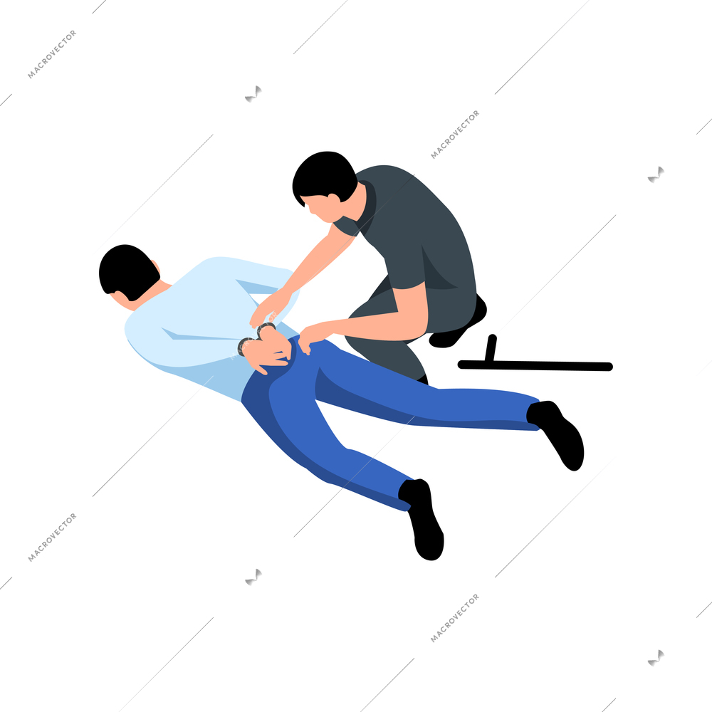 Policeman putting handcuffs on person 3d isometric vector illustration