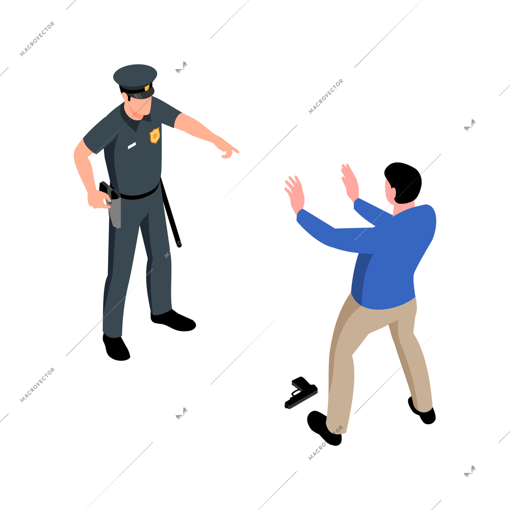 Policeman ordering man drop his weapon 3d isometric isolated vector illustration