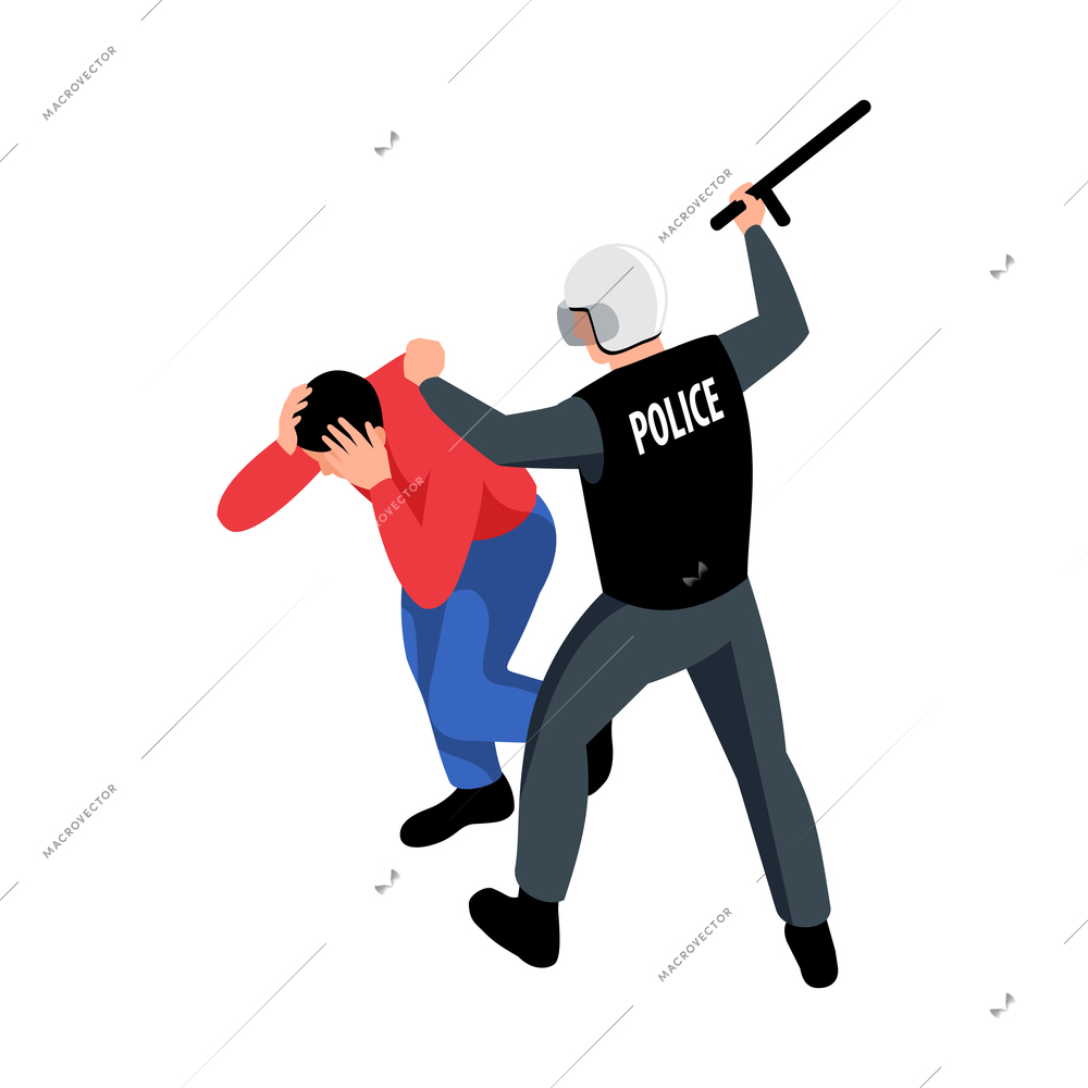 Policeman attacking rioter with baton isometric vector illustration