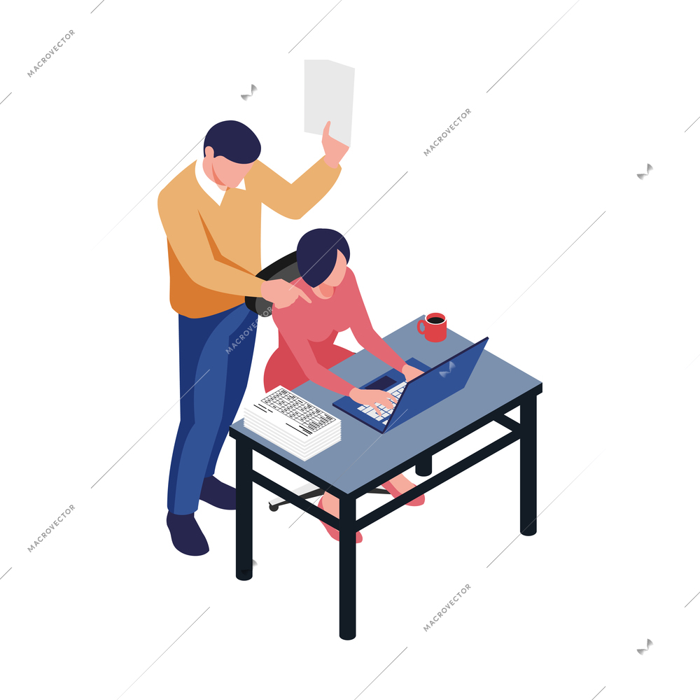 Isometric accounting icon with two characters working on laptop with financial documents vector illustration