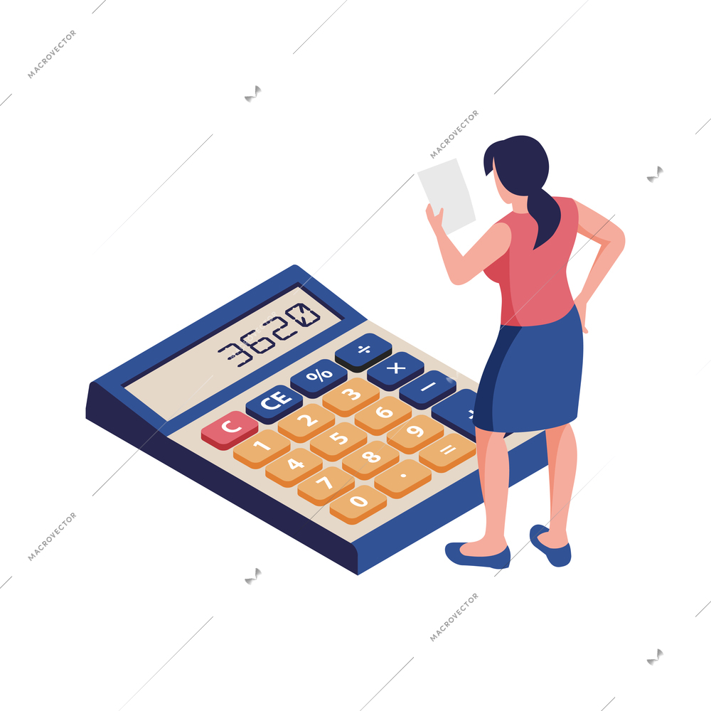 Accounting process icon with woman accountant and calculator on white background vector illustration