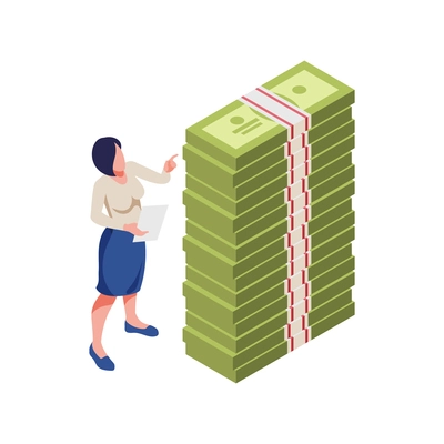 Accounting process icon with woman counting money in big stack isometric vector illustration