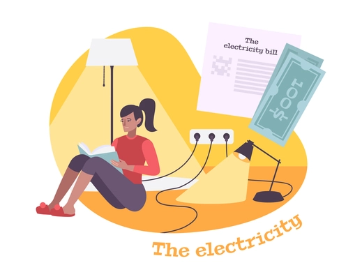 Flat electricity composition with reading woman lamps bill calculator vector illustration