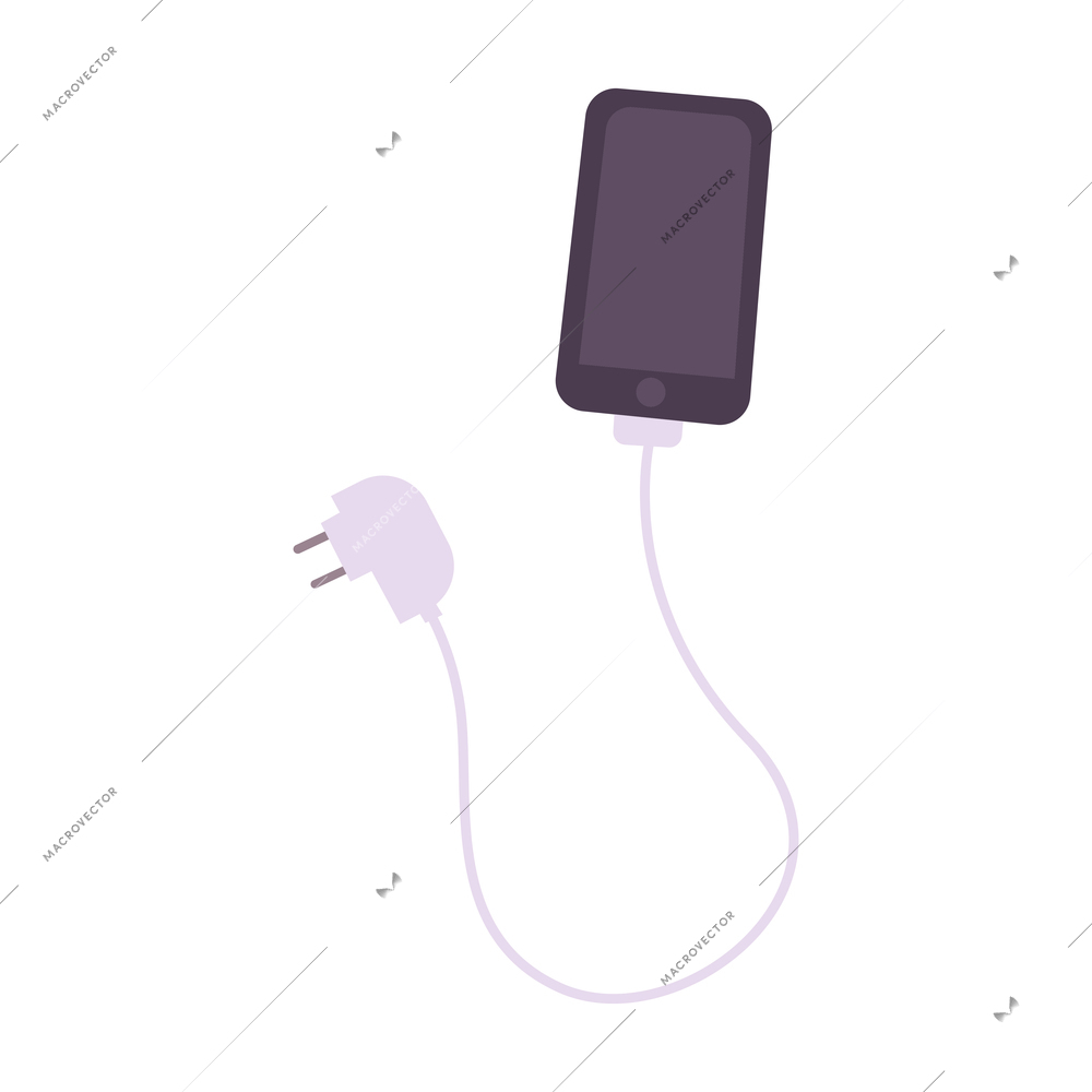 Smartphone connecting to charger through white usb cable flat vector illustration