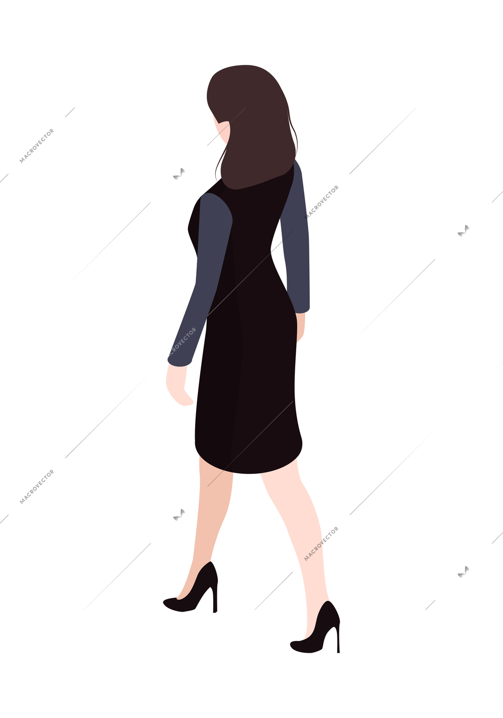 Businesswoman in black dress walking on white background isometric vector illustration