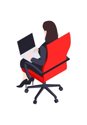 Isometric icon with businesswoman working on laptop on red office chair back view 3d vector illustration