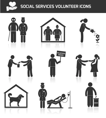 Social help services and volunteer organizations icons set black isolated vector illustration