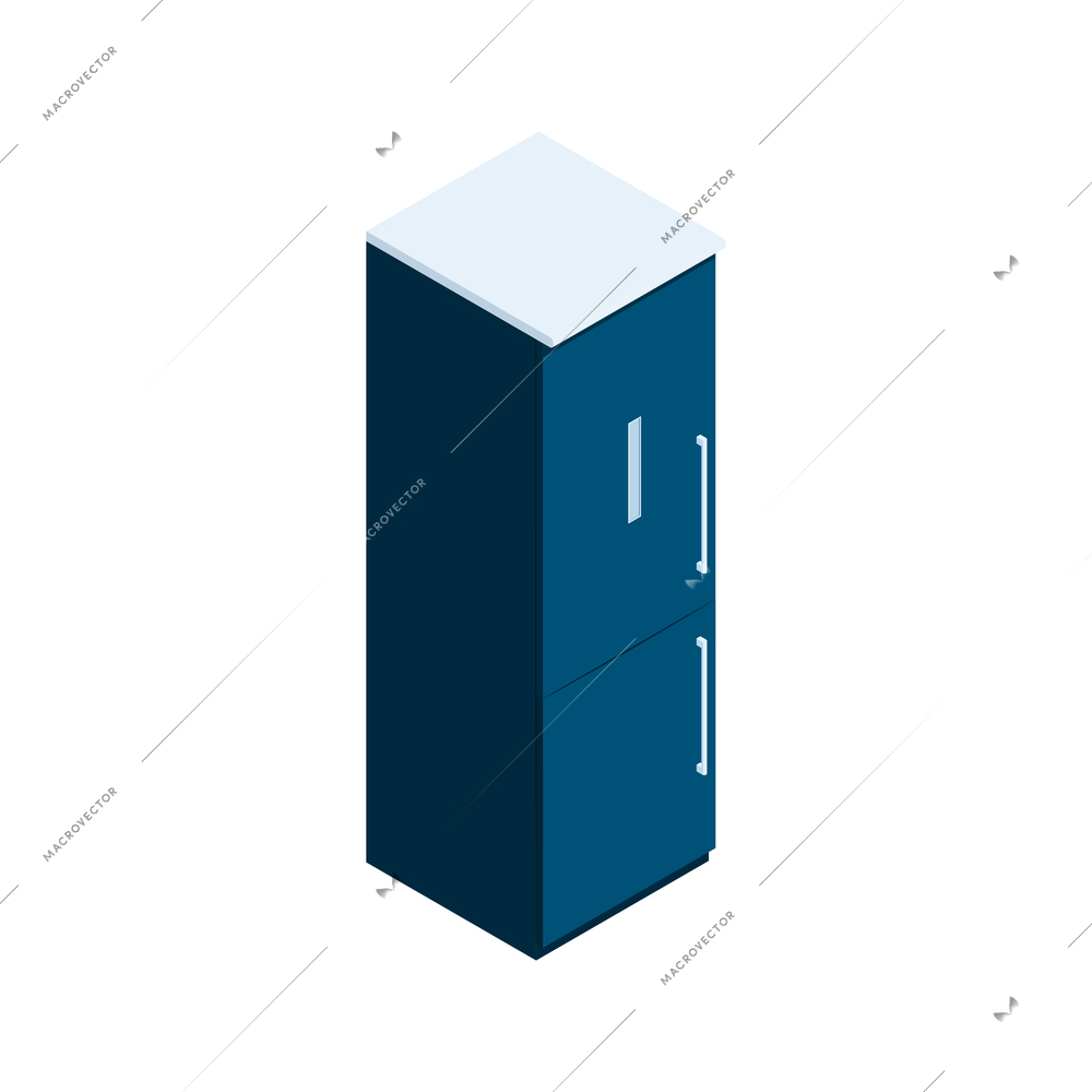 Isometric modern fridge with freezer on white background 3d vector illustration