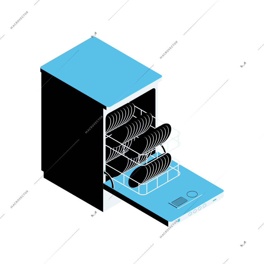 Open dishwasher with plates isometric 3d vector illustration