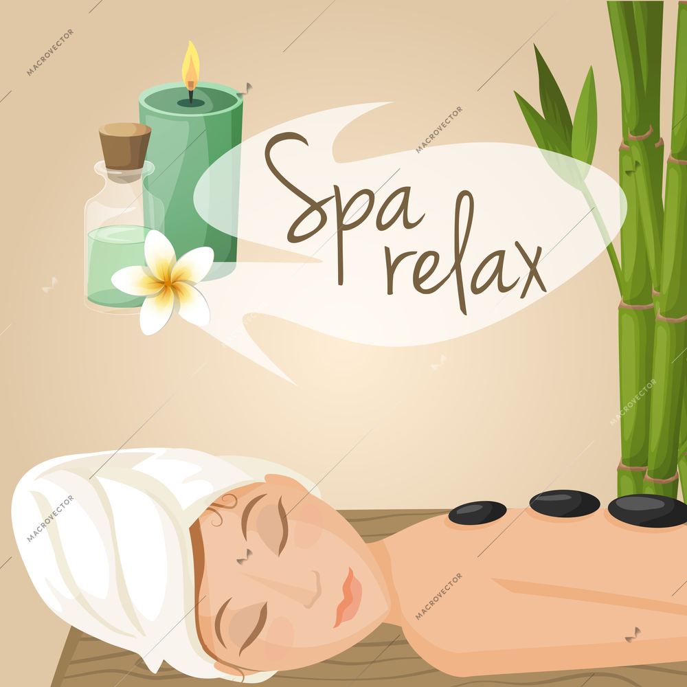 Beautiful woman laying spa relax massage procedure vector illustration
