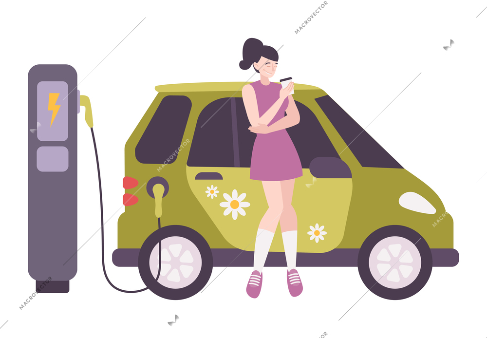 Happy woman drinking coffee while her electric car charging flat vector illustration