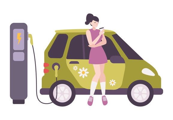 Happy woman drinking coffee while her electric car charging flat vector illustration