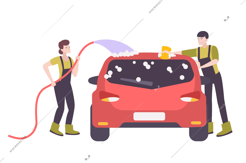 Two happy characters in uniform washing car with soap flat vector illustration