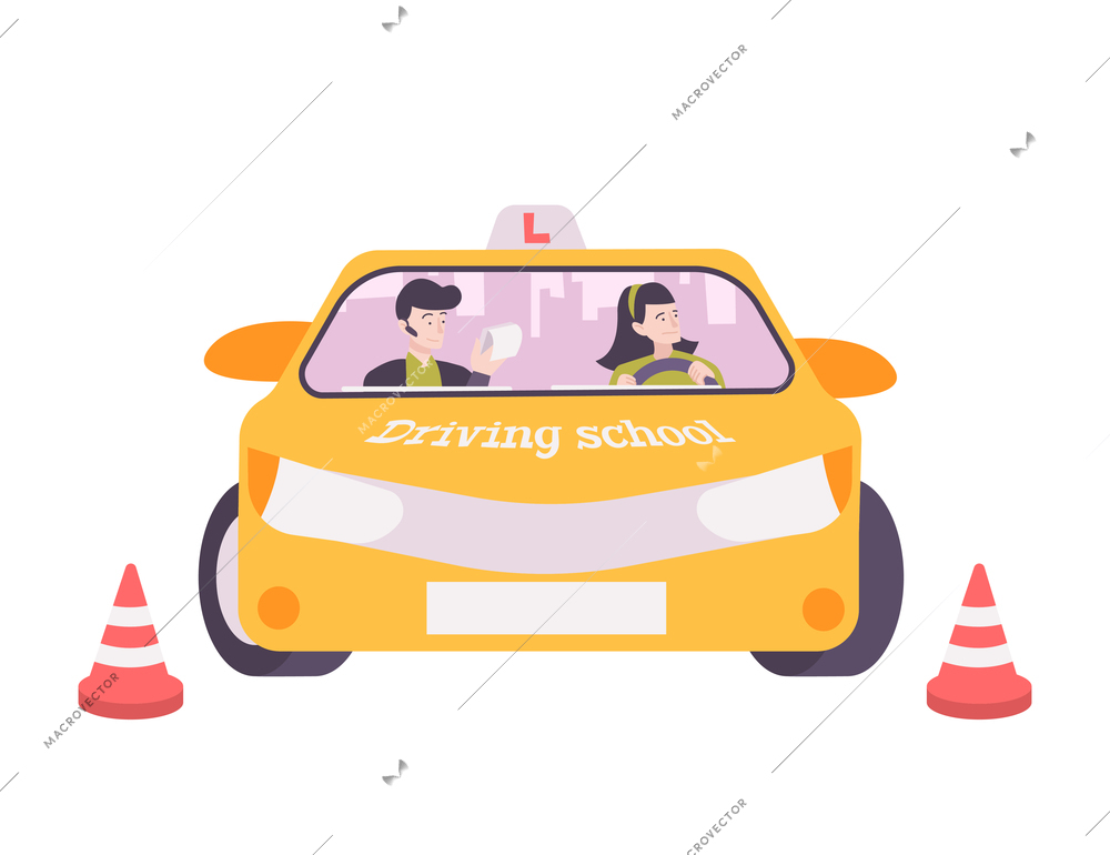 Driving school flat composition with confused woman driver and instructor vector illustration