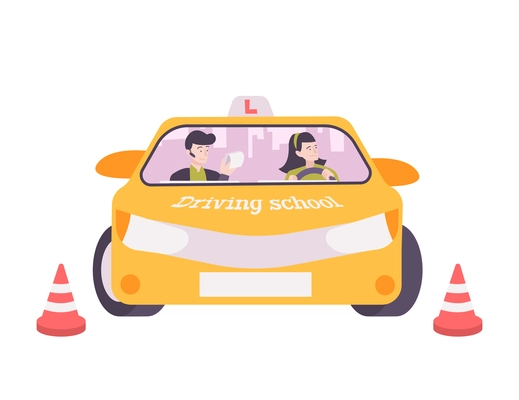 Driving school flat composition with confused woman driver and instructor vector illustration