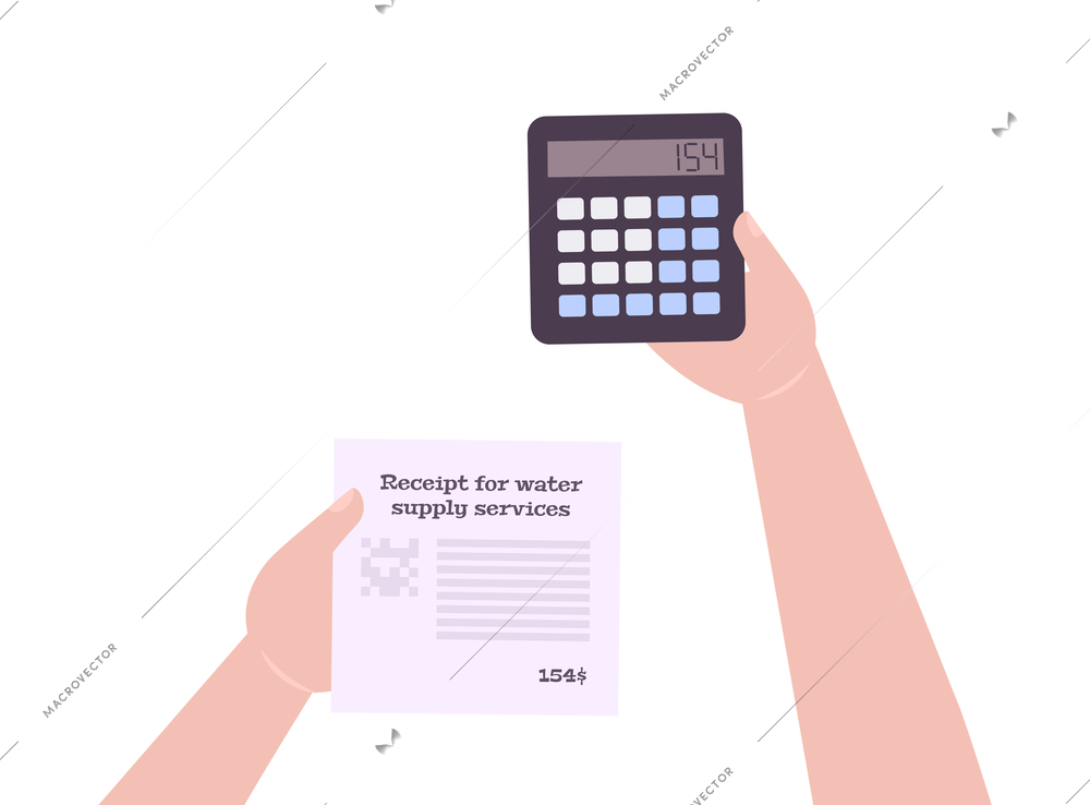 Utility bill flat icon with human hands holding calculator and receipt for water supply service vector illustration